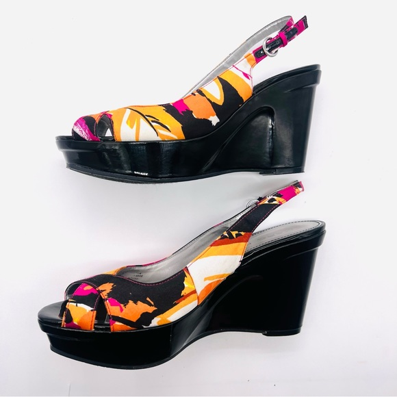 MARC FISHER Platform Peep Toe Wedges Sandals Shoes Multi Color Black Pat… - Picture 4 of 13